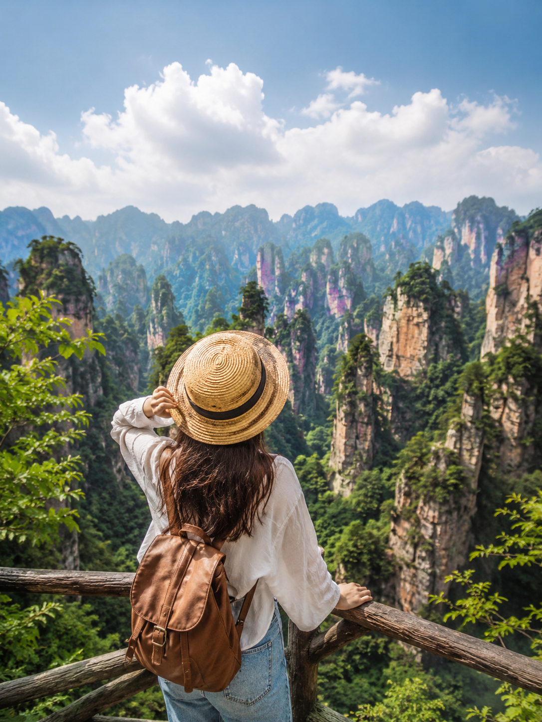 Turista contemplando las montañas de Zhangjiajie, China, desde un mirador rodeado de formaciones rocosas, vegetación y un paisaje natural.